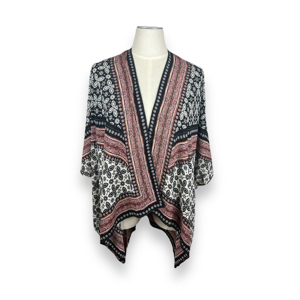 Maurices Black White Pink Printed Open-Front Kimono Jacket